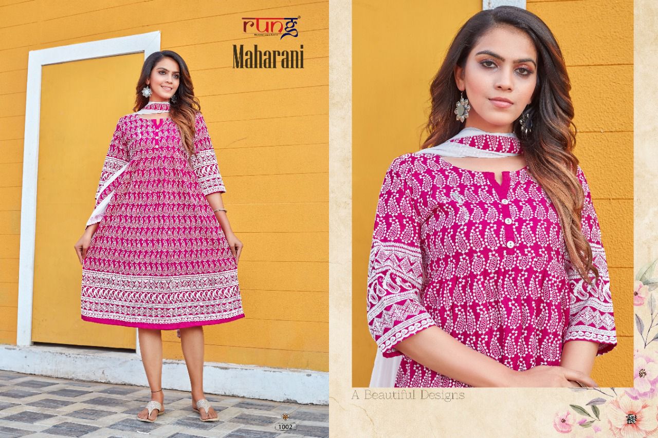 Rung Maharani Regular Wear Printed Rayon Designer Kurti With Dupatta Collection